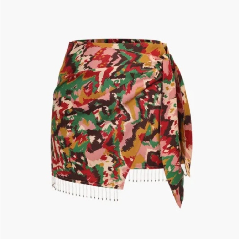 Abstract Print Skirt with Beaded Hem